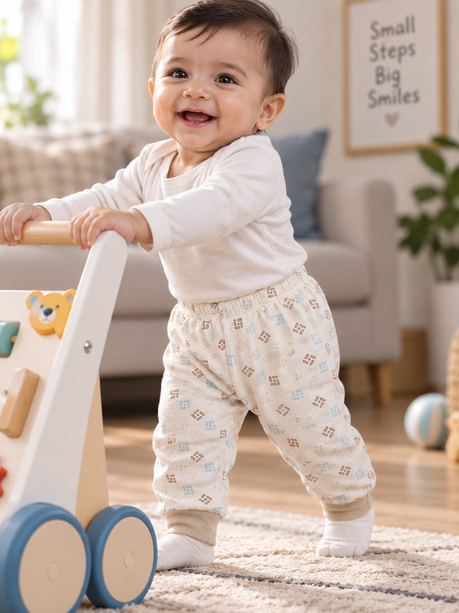 Baby Knitted Cotton Pants Combo – Pack of 3 | Grey, Off-White & Assorted Geometric Print | 6–9 Months | Ziva Collected | Carefully Selected for Your Little One