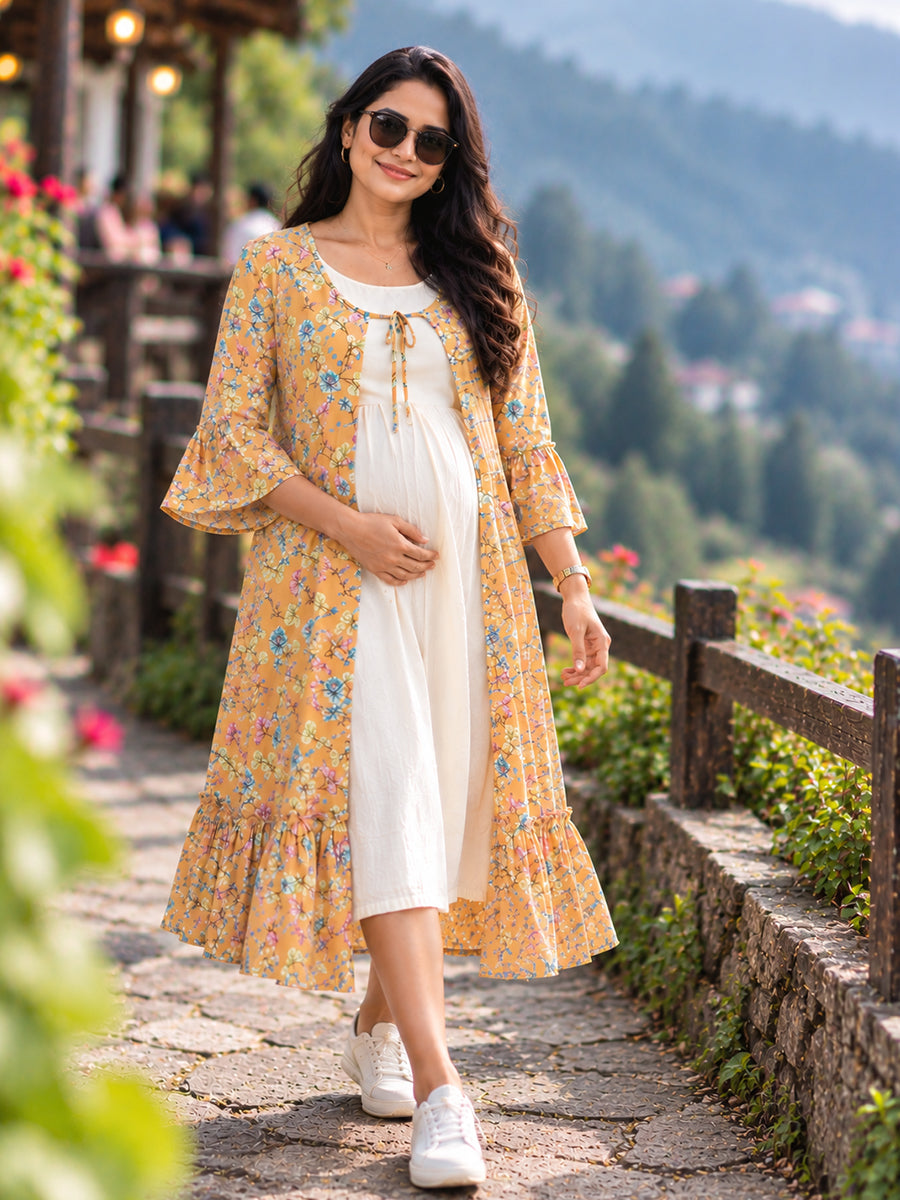 Ziva Premium Rayon Maternity & Feeding Dress with Sleeveless Inner & Floral Tie-Up Long Jacket with side pocket – Off-White & Peach Orange Multicolour Floral