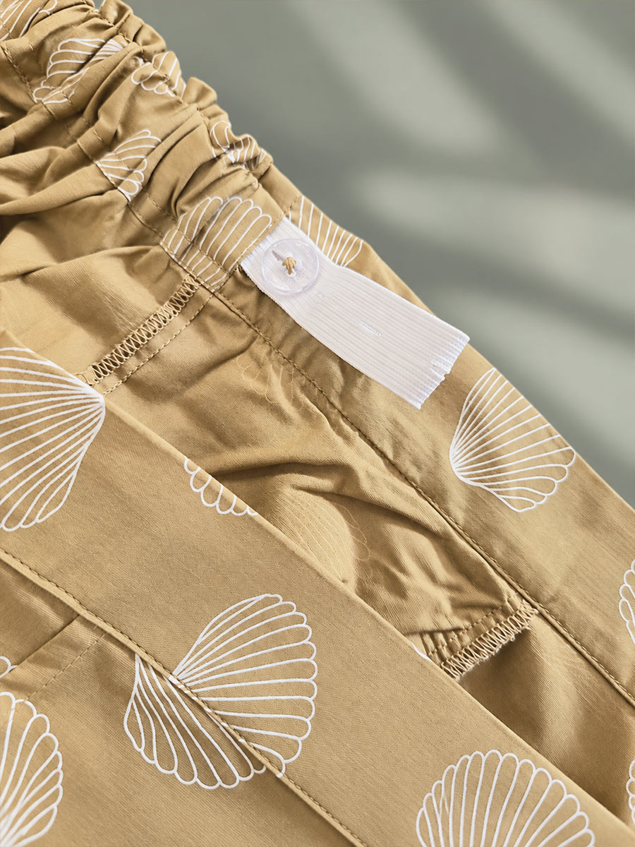 Ziva Maternity & Feeding Cotton Co-ord Set with Side Zips & Pockets – Khaki Beige Seashell Print