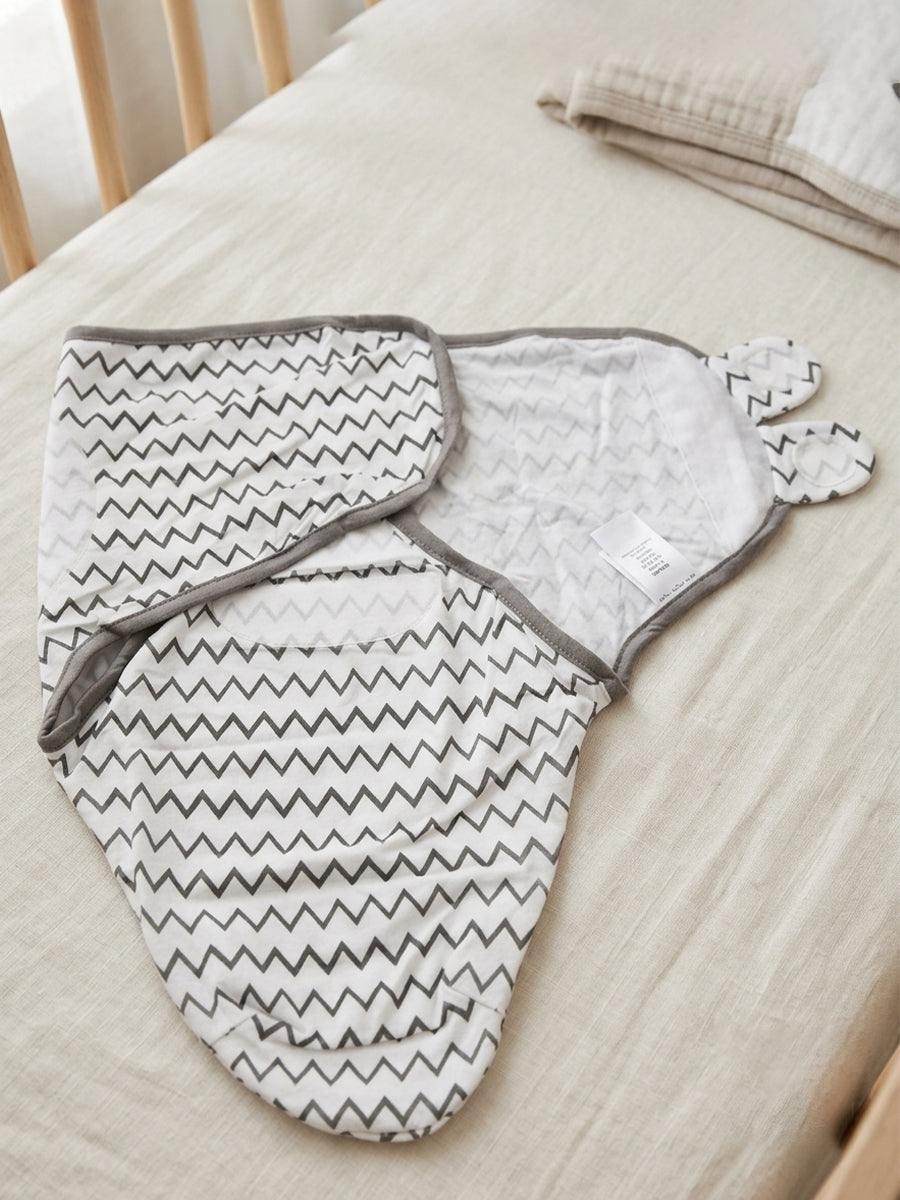 Baby Knitted Cotton Velcro Swaddle – White with Grey Zigzag Print | Adjustable Velcro Closure | Ziva Collected | Carefully Selected for Your Little One