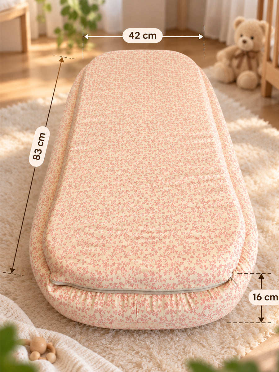 Premium Organic Cotton Baby Nest – Newborn Baby Lounger & Baby Bed | Peach Floral Vine Print |Ziva Collected | Carefully Selected for Your Little One