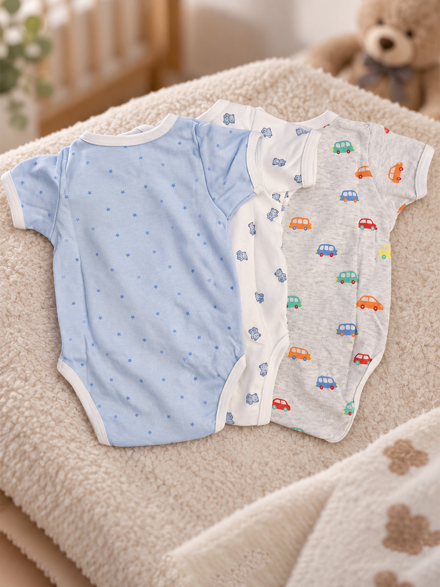 Ziva Baby Premium Knitted Cotton Overlap Romper – Pack of 3 | Grey Multicolour Car, Baby Blue Tiny Star & White Teddy Bear Assorted Prints | Newborn