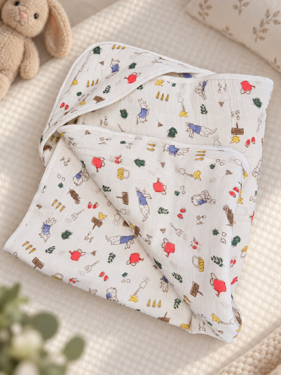 Ziva Premium Muslin Hooded Towel – Double Layer Muslin with Soft Fleece Core | Garden Bunny Print