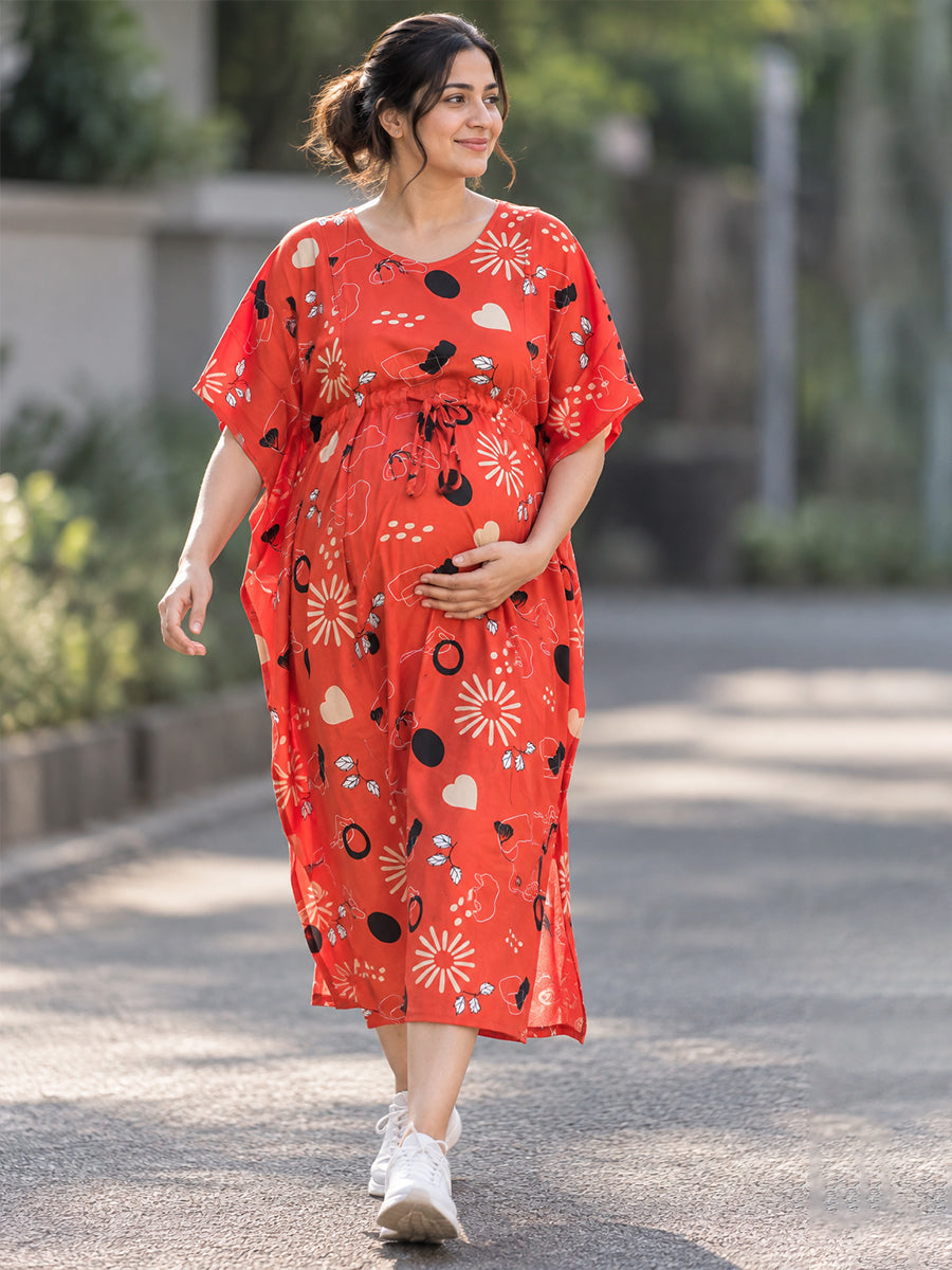 Ziva Maternity & Feeding Rayon Kaftan – Concealed Feeding Zips & Waist Adjustable Tie | Coral Red Abstract Botanical Print