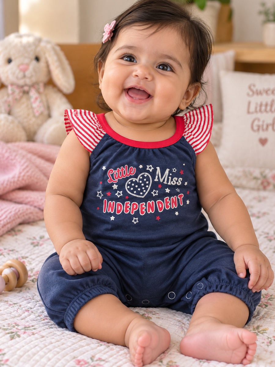 Baby Girl Premium Knitted Cotton Jumpsuit Combo – Navy Blue & Red | Flutter Sleeves | Press-Button Open | 0–3 to 18–24 Months |Ziva Collected | Carefully Selected for Your Little One
