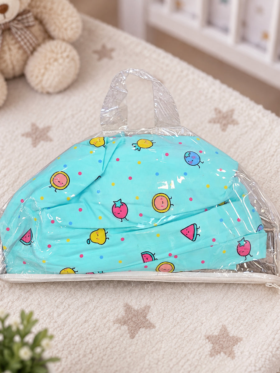 Ziva Baby Cradle – Fruity Friends Cream | Premium Cotton Cloth Cradle with Aqua Blue Mosquito Net, Hanger & S-Hook