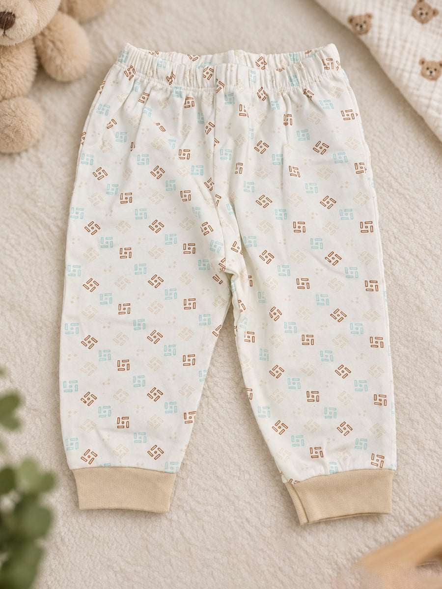 Baby Knitted Cotton Pants Combo – Pack of 3 | Grey, Off-White & Assorted Geometric Print | 6–9 Months | Ziva Collected | Carefully Selected for Your Little One