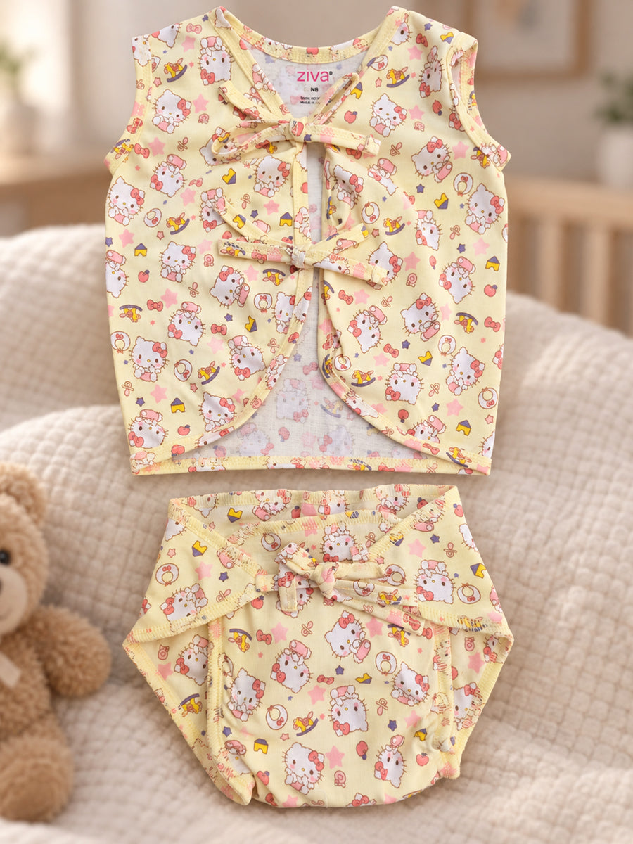 Ziva Newborn Knitted Cotton Front Open Tie Jabla with Light Padded Tie Nappy – Butter Yellow Kitty Print | 1 Jabla + 1 Nappy