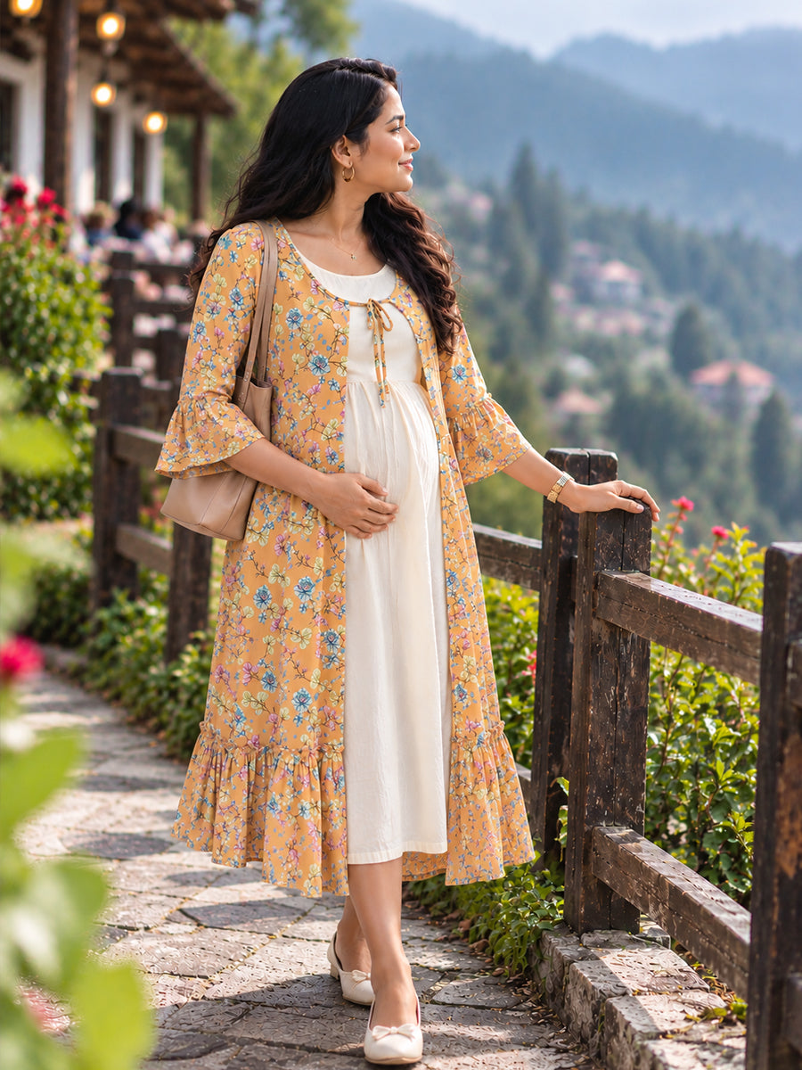 Ziva Premium Rayon Maternity & Feeding Dress with Sleeveless Inner & Floral Tie-Up Long Jacket with side pocket – Off-White & Peach Orange Multicolour Floral