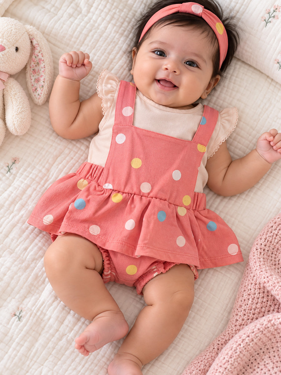 Baby Knitted Cotton Pinafore Romper Set – Coral Multicolour Polka Dot | Inner Top & Hairband | Newborn to 9–12 Months
