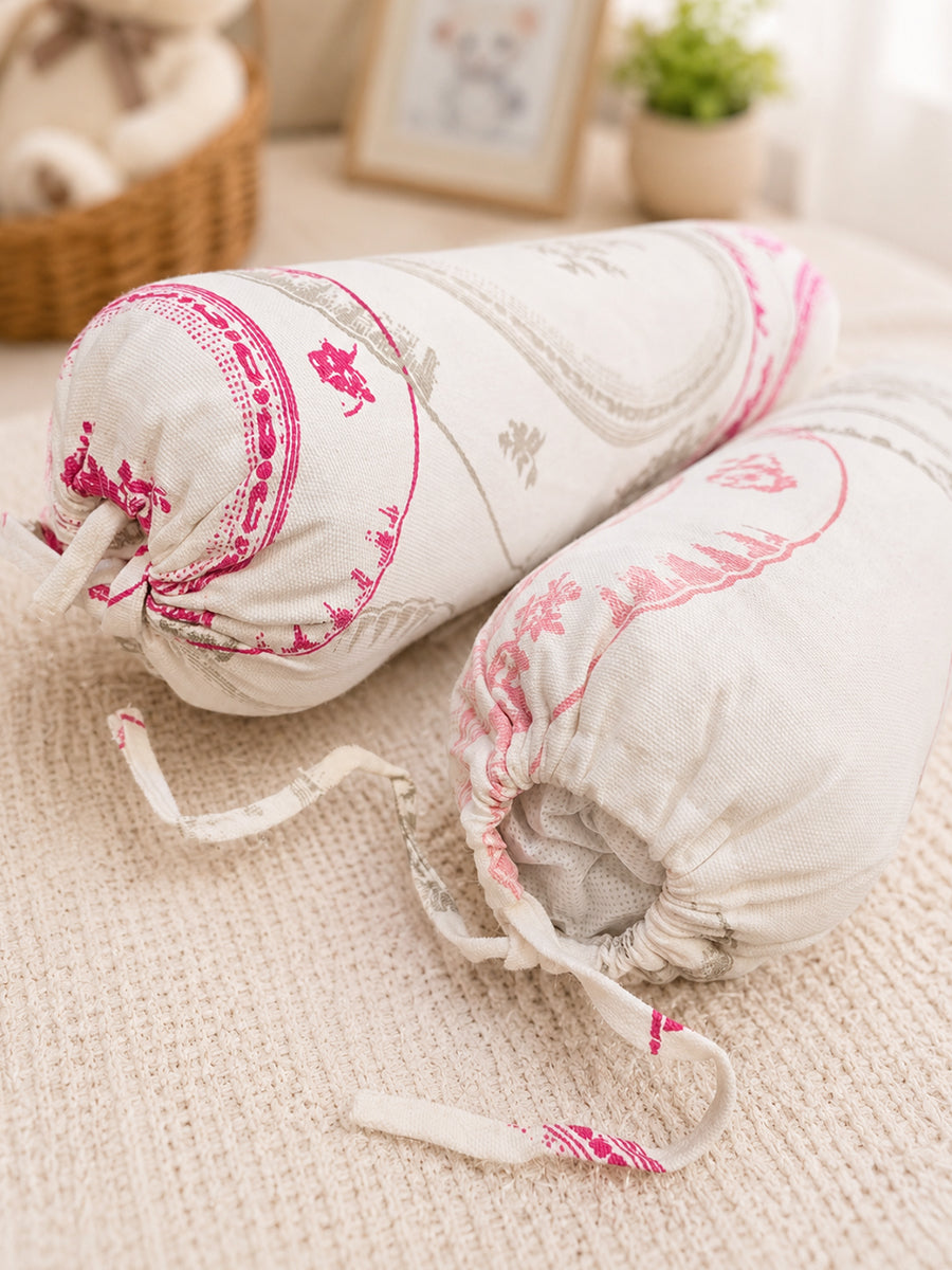 Ziva Baby Side Pillow (Bolster Pillow) | Multipurpose | Cotton Cover | Vintage Rose Medallion Print