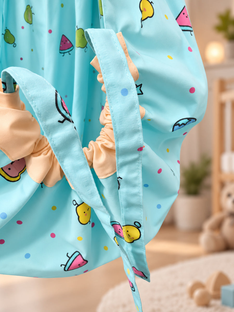 Ziva Baby Cradle – Fruity Friends Cream | Premium Cotton Cloth Cradle with Aqua Blue Mosquito Net, Hanger & S-Hook