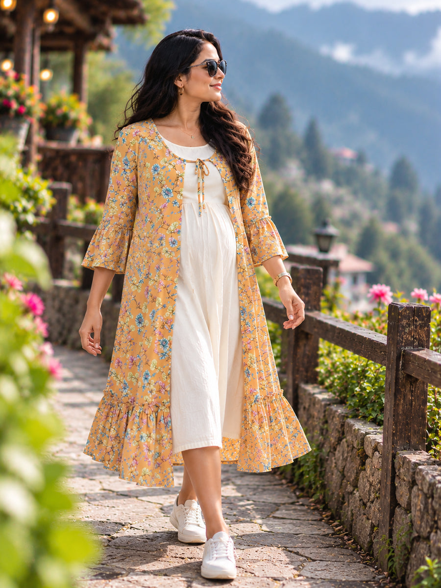 Ziva Premium Rayon Maternity & Feeding Dress with Sleeveless Inner & Floral Tie-Up Long Jacket with side pocket – Off-White & Peach Orange Multicolour Floral