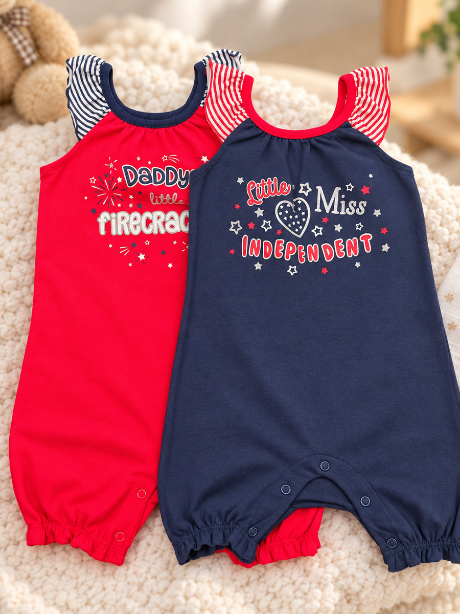 Baby Girl Premium Knitted Cotton Jumpsuit Combo – Navy Blue & Red | Flutter Sleeves | Press-Button Open | 0–3 to 18–24 Months |Ziva Collected | Carefully Selected for Your Little One