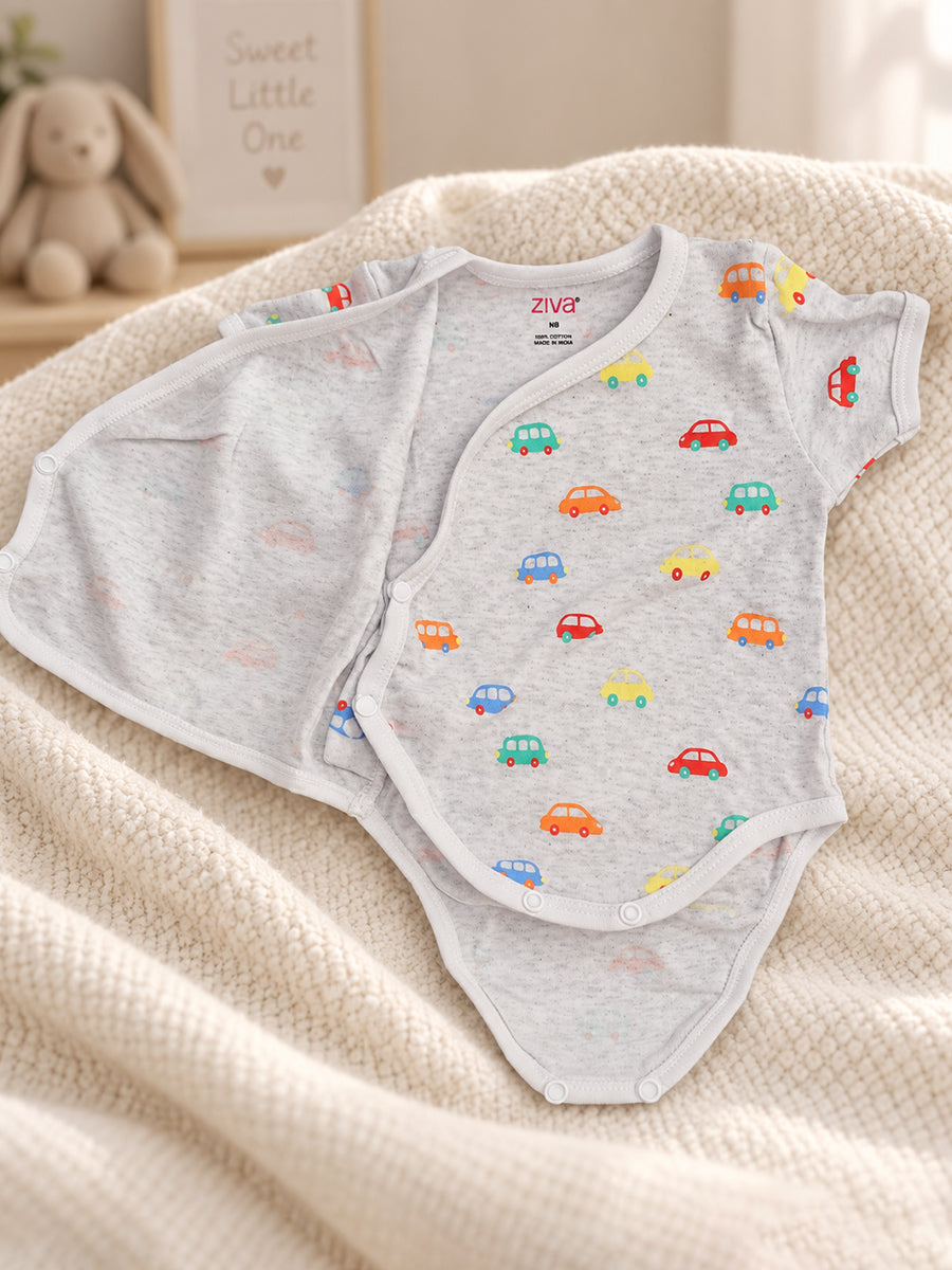 Ziva Baby Premium Knitted Cotton Overlap Romper – Pack of 3 | Grey Multicolour Car, Baby Blue Tiny Star & White Teddy Bear Assorted Prints | Newborn