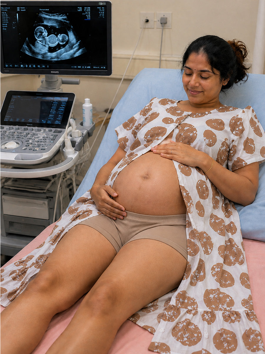 Ziva Maternity & Feeding Cotton Full-Open Short Nighty with Side Pocket – Coffee Brown & Off White Irregular Spot Print