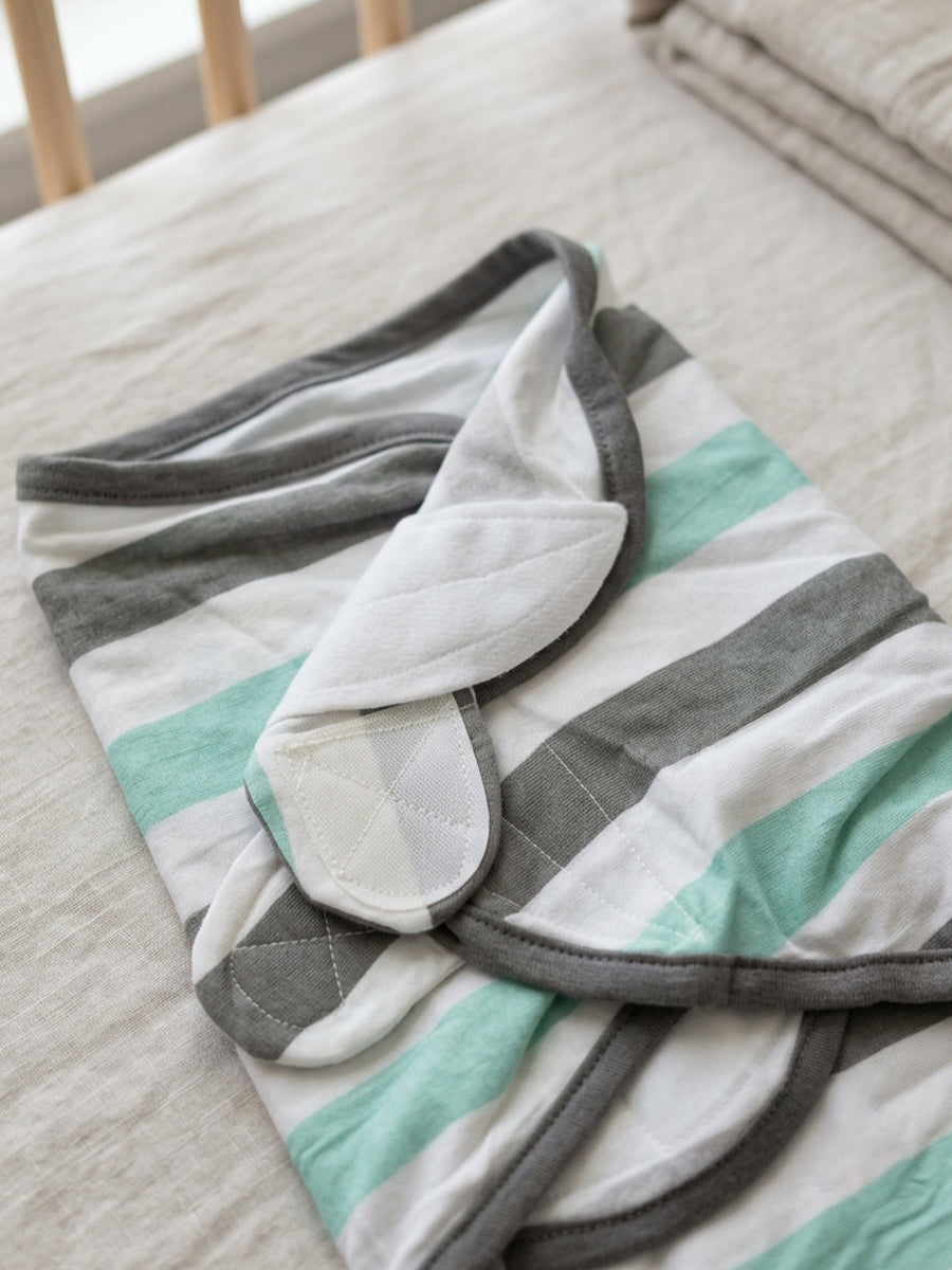 Baby Knitted Cotton Velcro Swaddle – White with Mint Green & Grey Stripe Print | Adjustable Velcro Closure | Ziva Collected | Carefully Selected for Your Little One