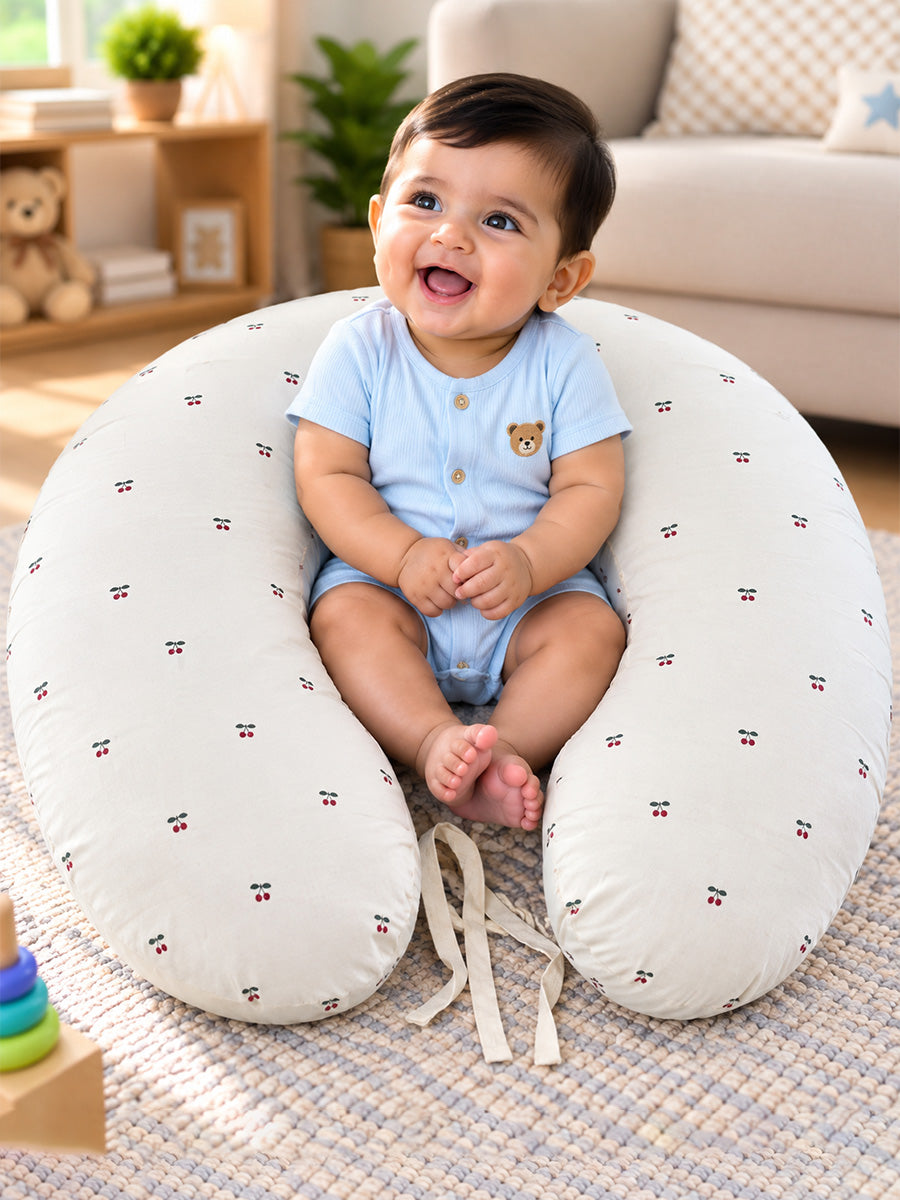 Ziva Multipurpose Feeding Pillow – Premium Organic Cotton | Soft Cream with Tiny Cherry Print | Removable & Washable Cover
