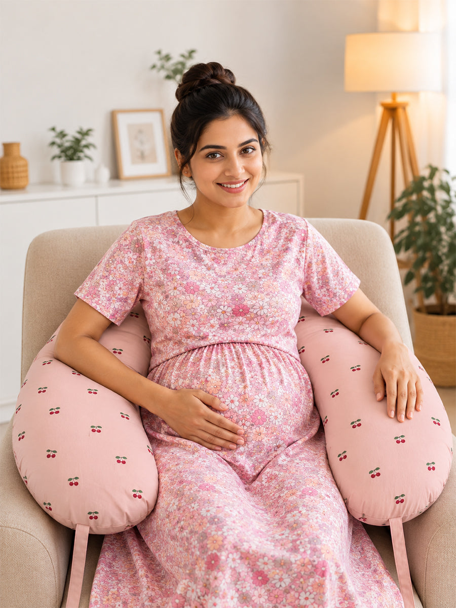 Ziva Multipurpose Feeding Pillow – Premium Organic Cotton | Light Brown with Tiny Cherry Print | Removable & Washable Cover