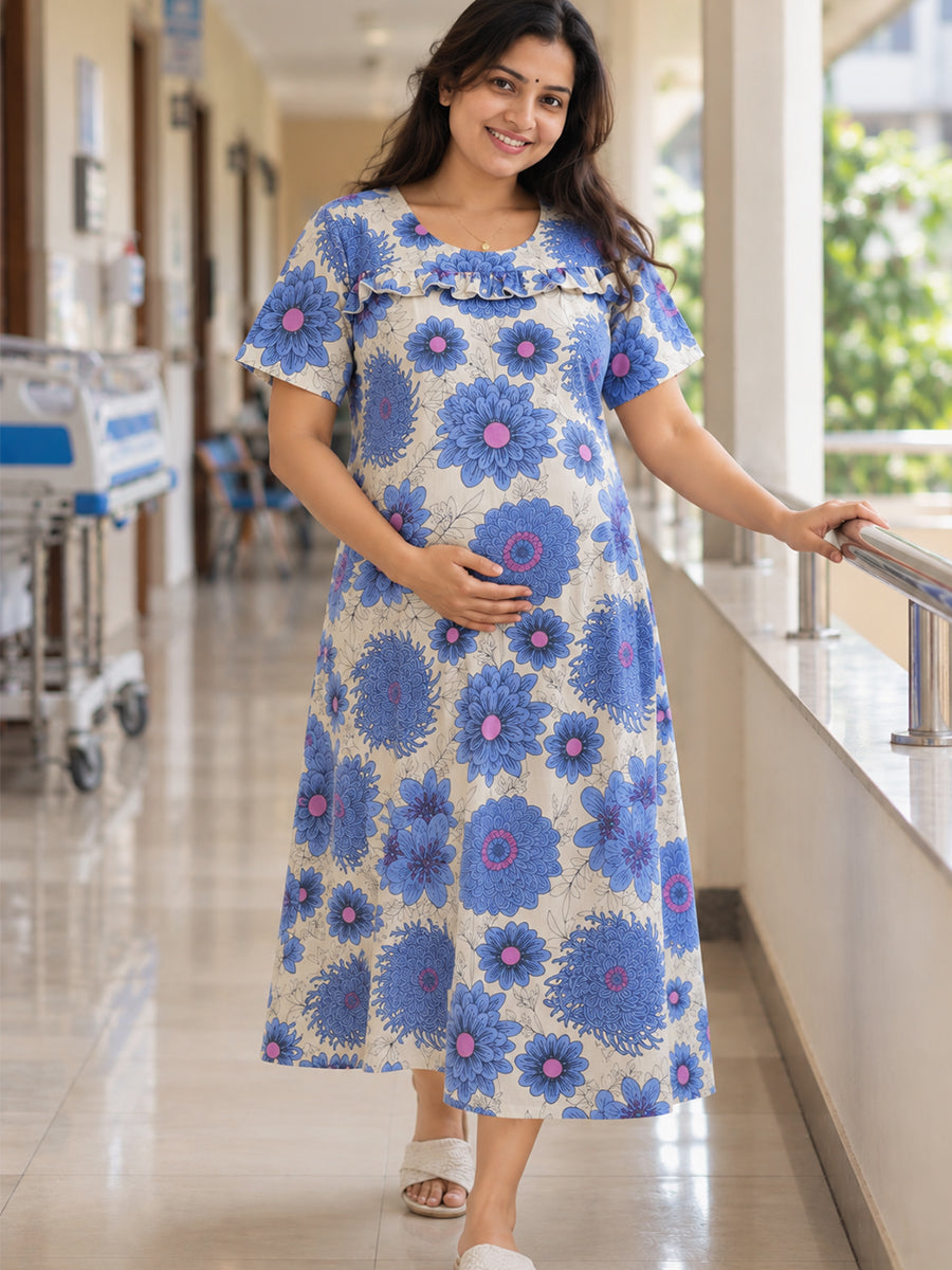 Ziva Maternity & Feeding Cotton Short Nighty – Concealed Feeding Zips & Side Pocket | Cornflower Blue Floral Print