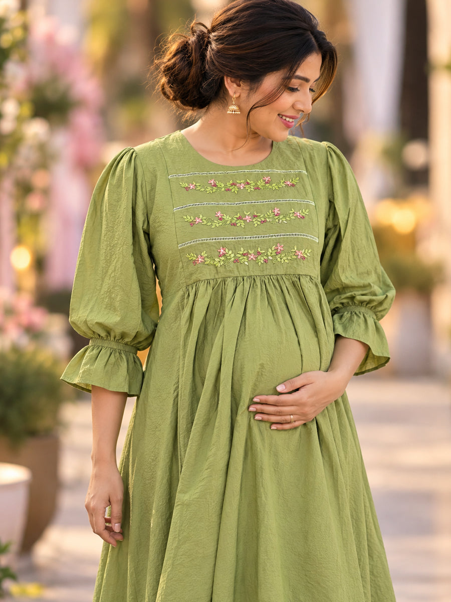 Ziva Premium Crinkle Viscose Maternity & Feeding Occasion Dress with Hand-Embroidered Yoke & Adjustable Puff Sleeves | Olive Green