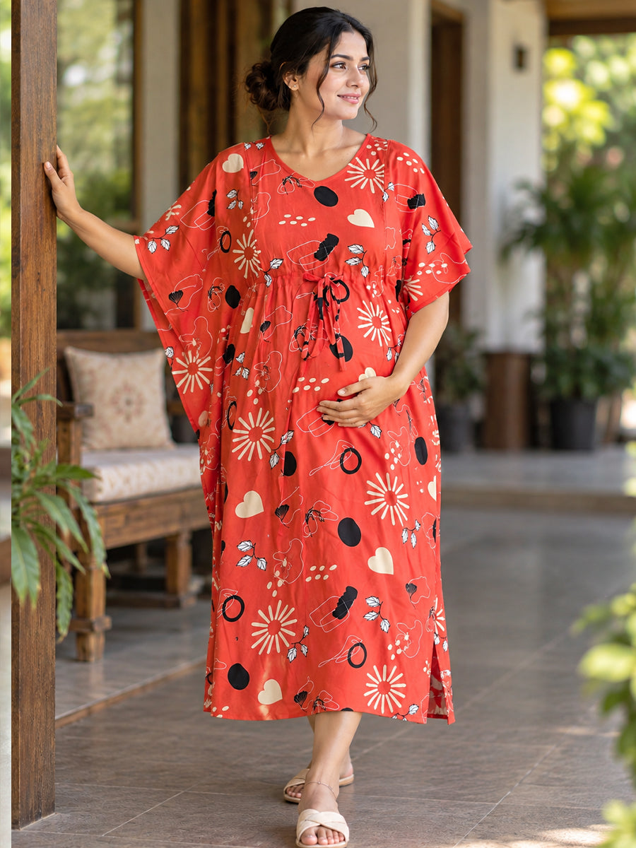 Ziva Maternity & Feeding Rayon Kaftan – Concealed Feeding Zips & Waist Adjustable Tie | Coral Red Abstract Botanical Print