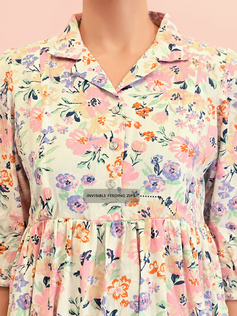Ziva Premium Cotton Twill Maternity & Feeding Dress with Collared Neck, Concealed Zips & Side Pocket | Soft Cream White Multicolour Floral