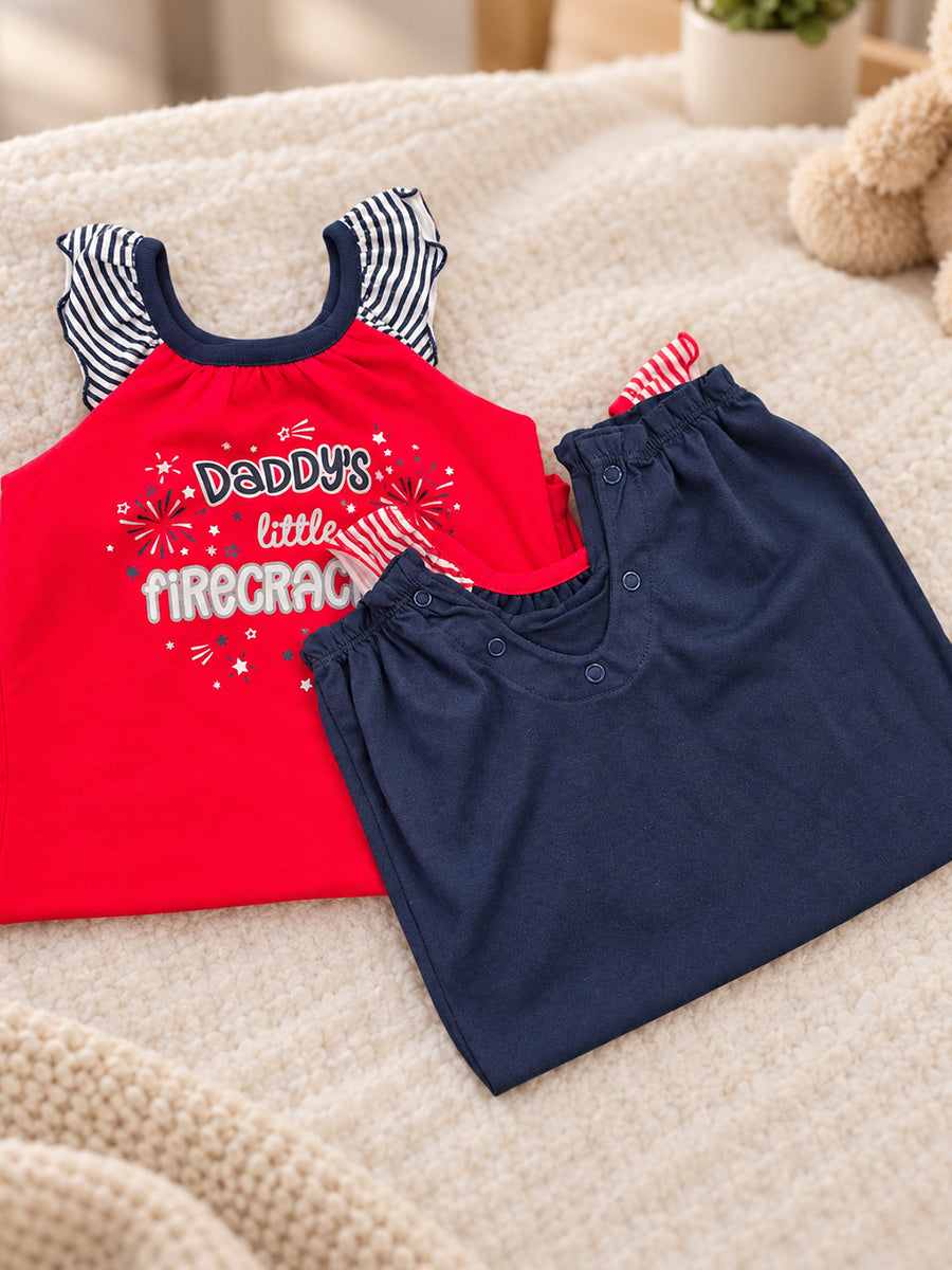 Baby Girl Premium Knitted Cotton Jumpsuit Combo – Navy Blue & Red | Flutter Sleeves | Press-Button Open | 0–3 to 18–24 Months |Ziva Collected | Carefully Selected for Your Little One