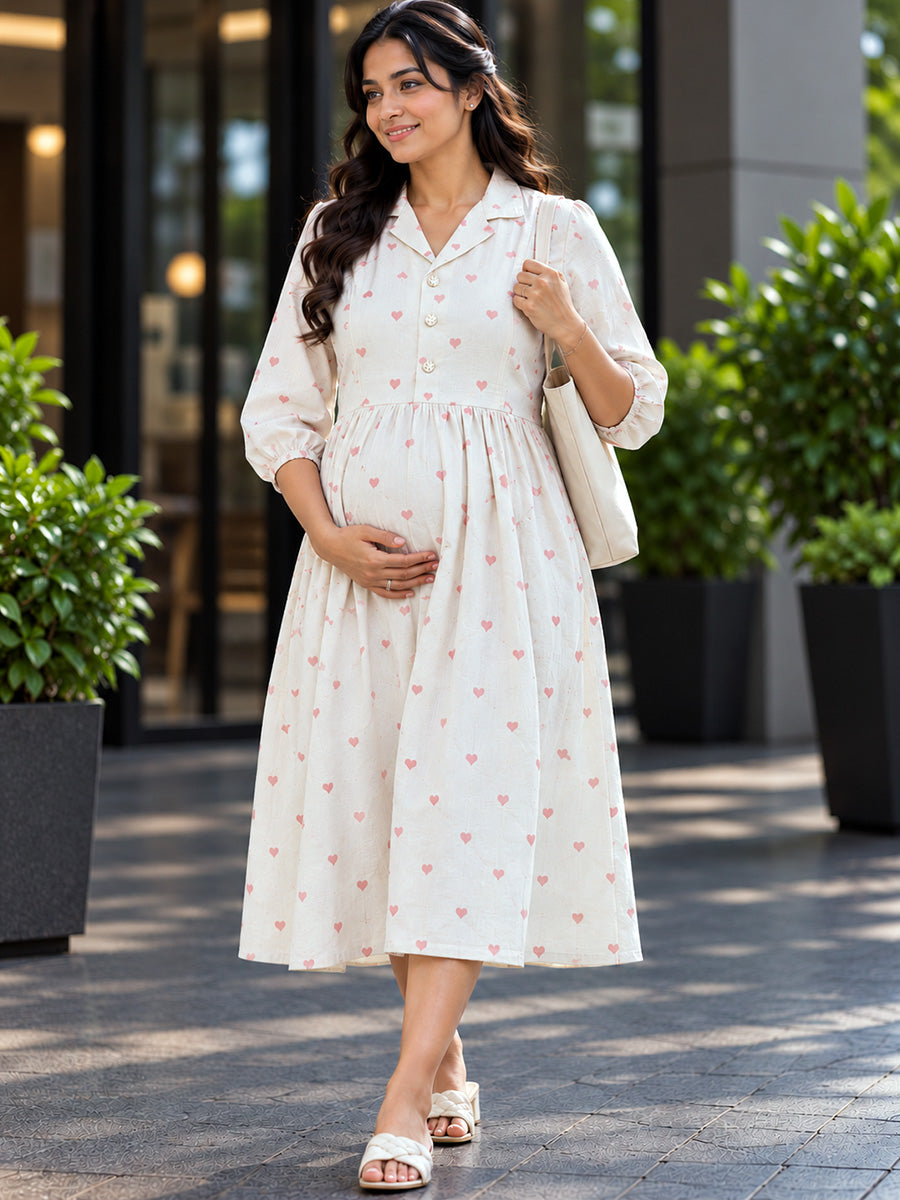 Ziva Premium Viscose Linen Maternity & Feeding Dress with Notched Collar, Concealed Zips & Side Pocket | Soft Cream Dusty Rose Heart Print