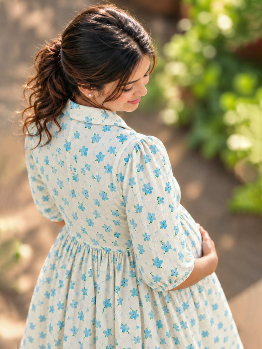 Ziva Premium Cotton Seersucker Maternity & Feeding Dress with Notched Collar, Concealed Zips & Side Pocket | Soft Cream Aqua Blue Floral