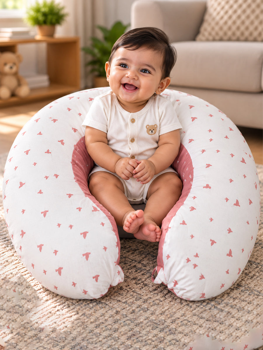 Ziva Multipurpose Feeding Pillow – White & Peach Pink with Reversible Bird Print | 100% Cotton Cover | Removable & Washable