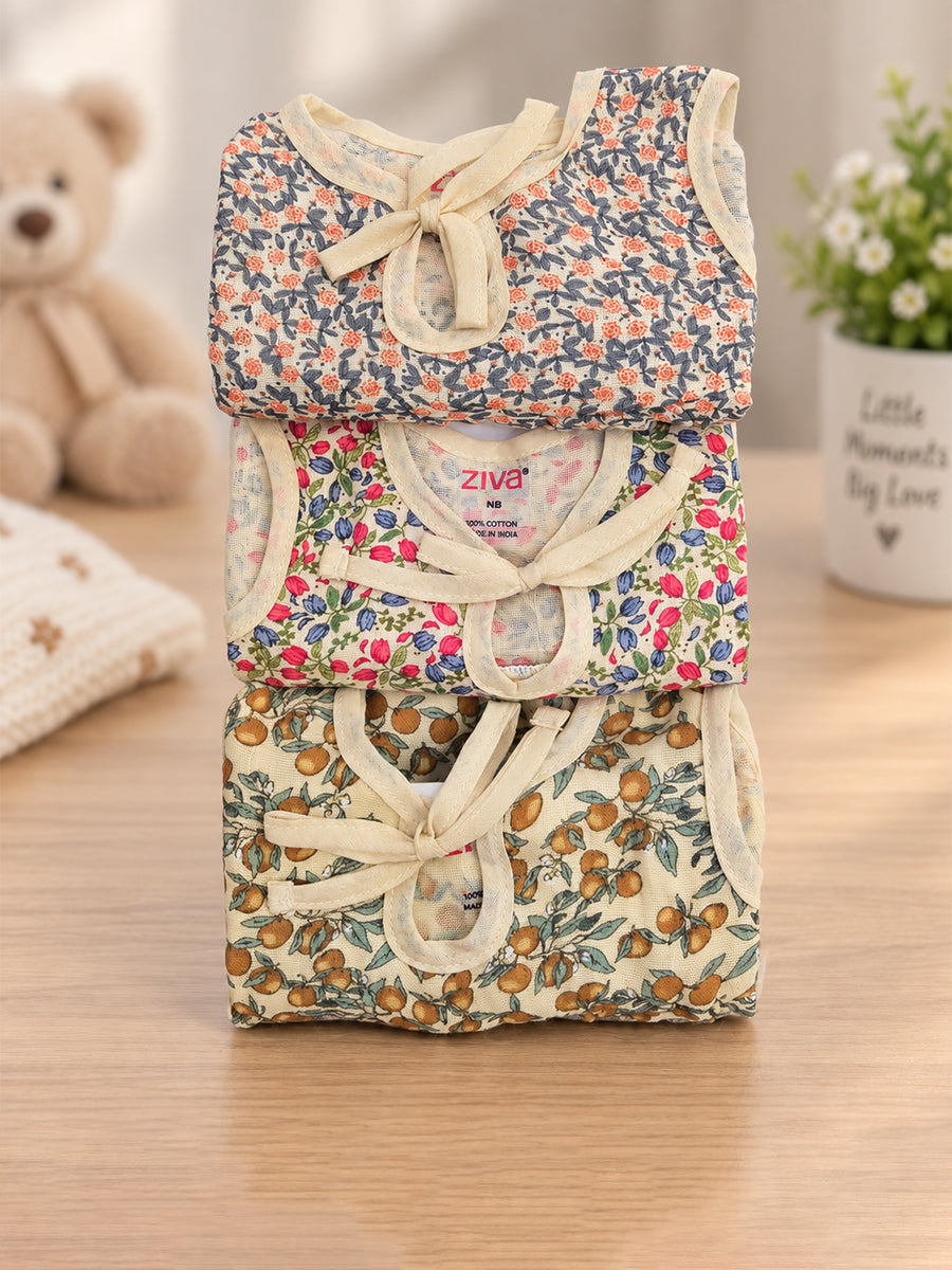 Ziva Muslin Baby Girl Front Knot Tie Frock – Pack of 3 | Premium Cotton Muslin | Assorted Botanical Prints (Print Details: Check Product Description)