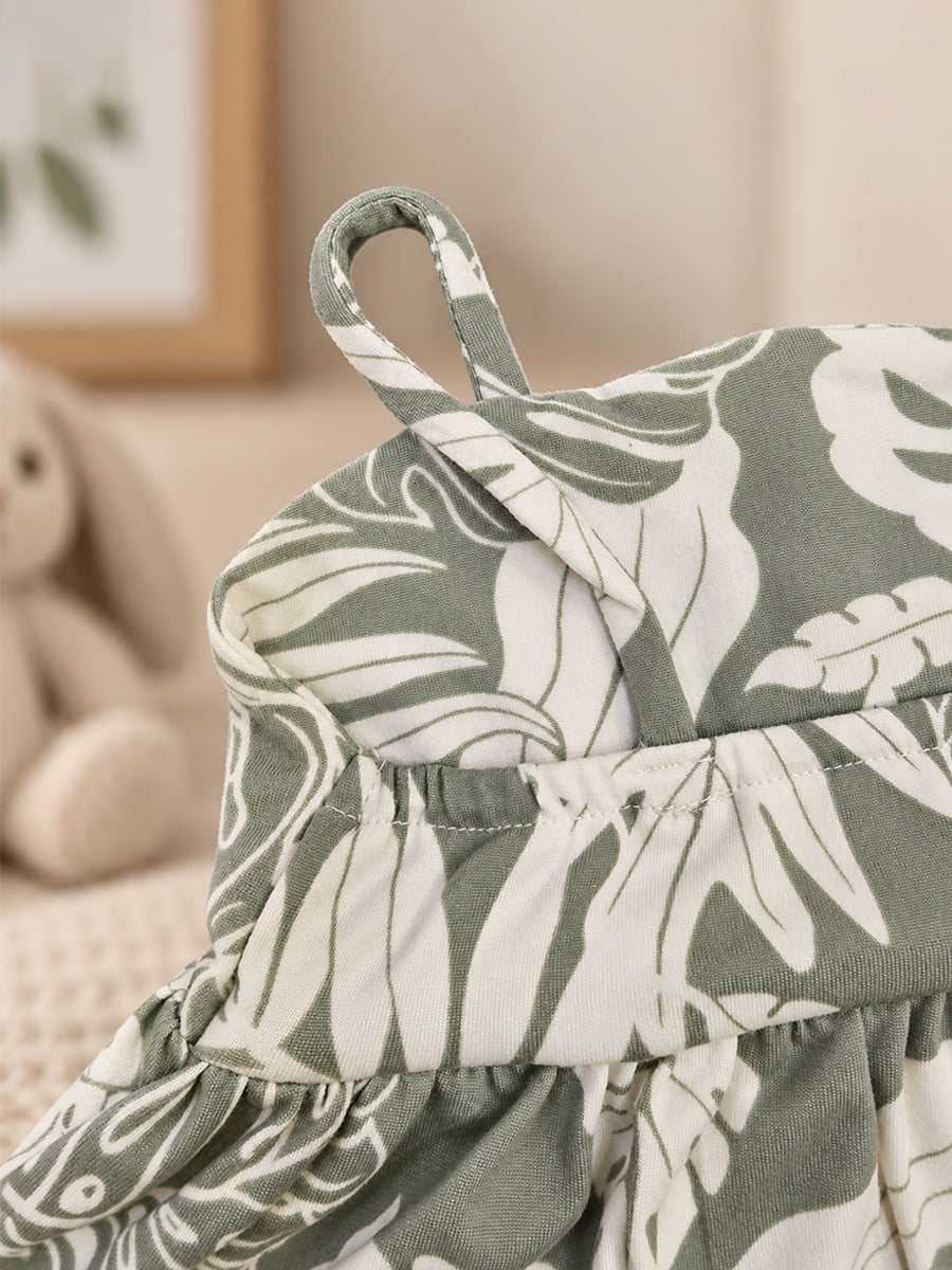 Ziva Baby Girl Strappy Frock with Pantie – Sage Green Tropical Leaf Print | Knitted Cotton