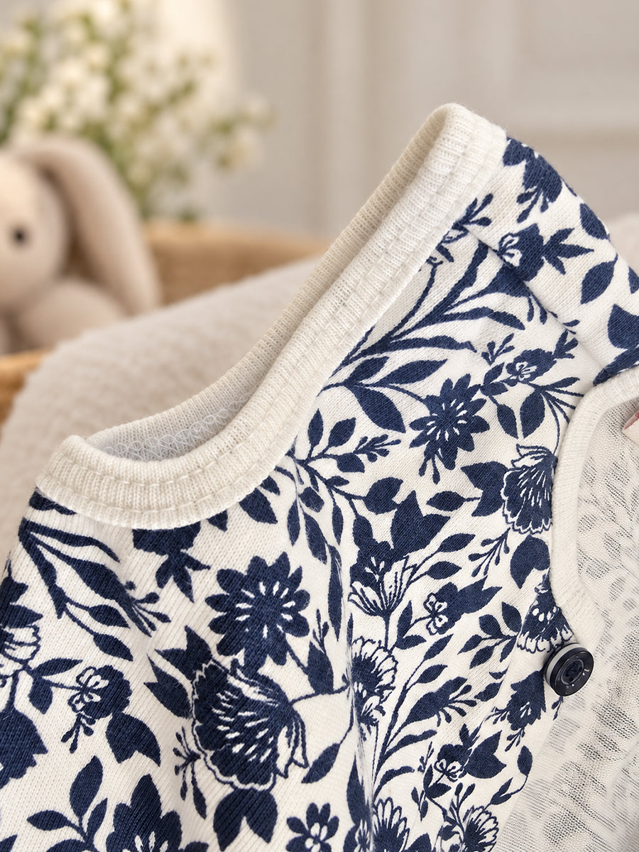 Ziva Baby Playsuit Romper – Blue Tropical Leaf Print | Knitted Cotton | Front Button Open | Elasticated Waist