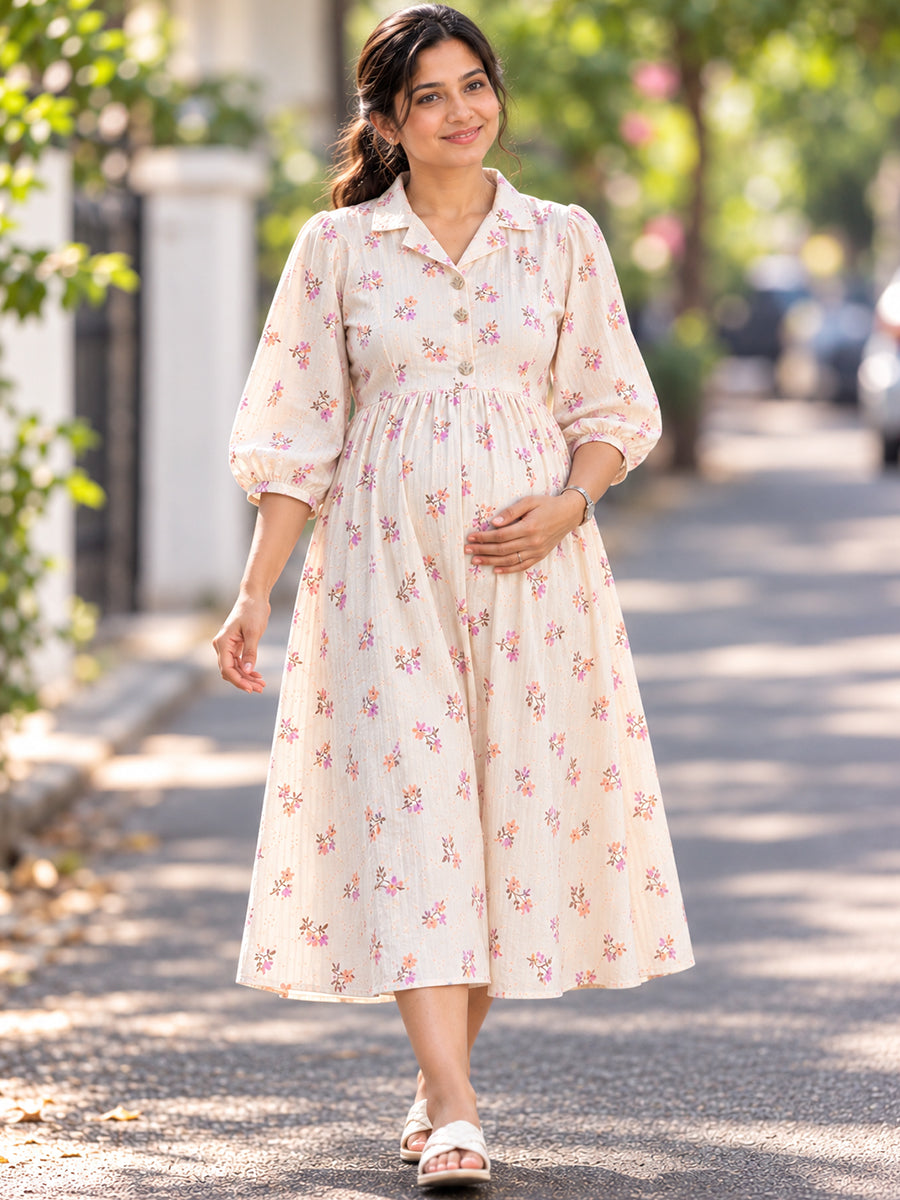 Ziva Premium Cotton Seersucker Maternity & Feeding Dress with Notched Collar, Concealed Zips & Side Pocket | Natural Ivory Multicolour Botanical Floral