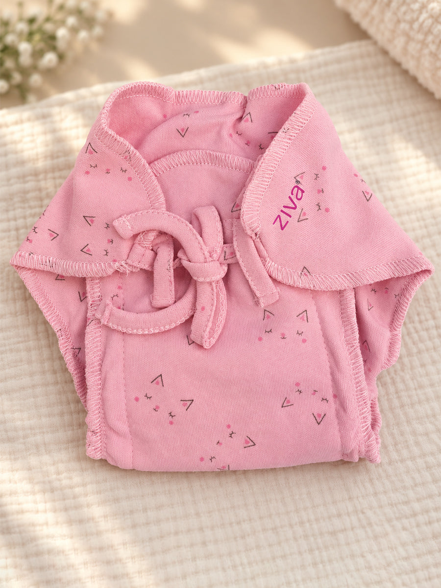 Ziva Newborn Knitted Cotton Front Open Tie Jabla with Light Padded Tie Nappy – Soft Pink Mini Print | 1 Jabla + 1 Nappy
