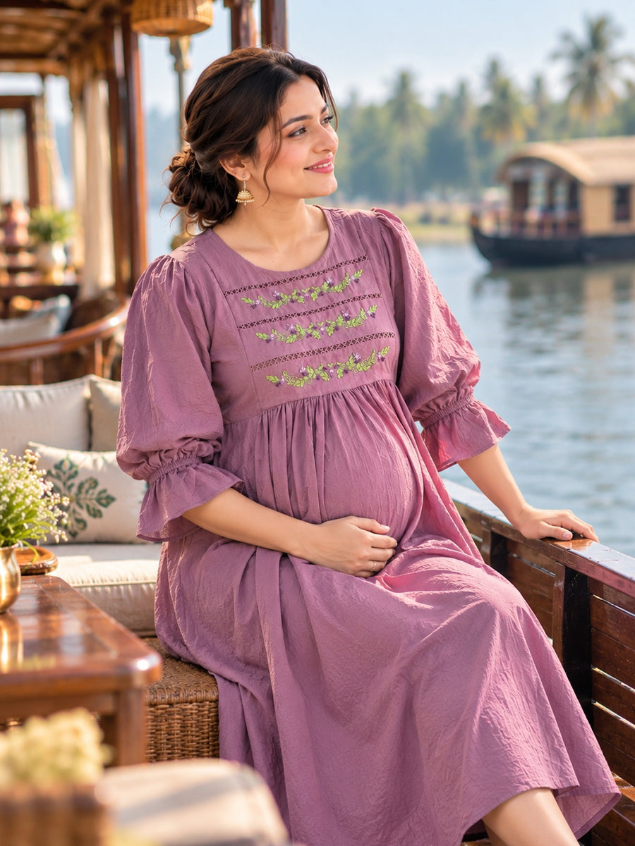 Ziva Premium Crinkle Viscose Maternity & Feeding Occasion Dress with Hand-Embroidered Yoke & Adjustable Puff Sleeves | Dusty Lavender