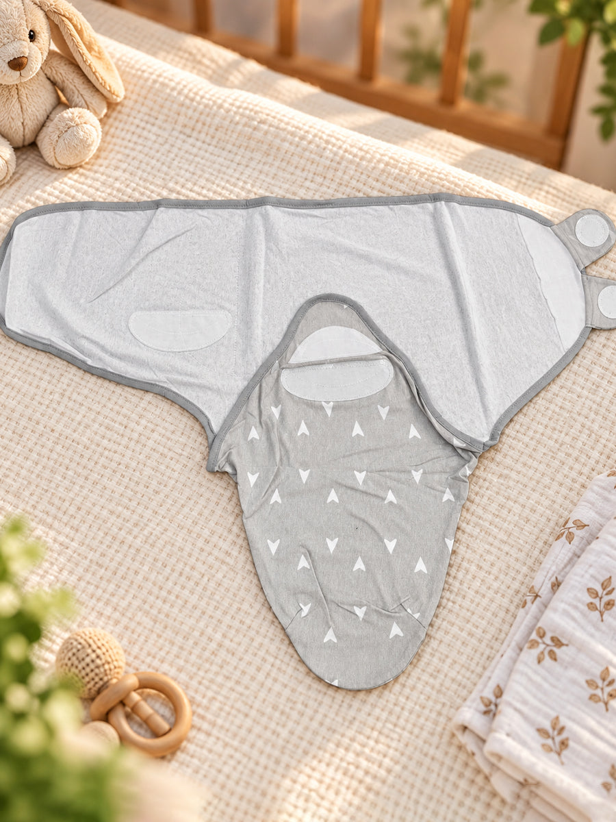Baby Knitted Cotton Velcro Swaddle – Light Grey with White Mini Triangle Print | Adjustable Velcro Closure | Ziva Collected | Carefully Selected for Your Little One