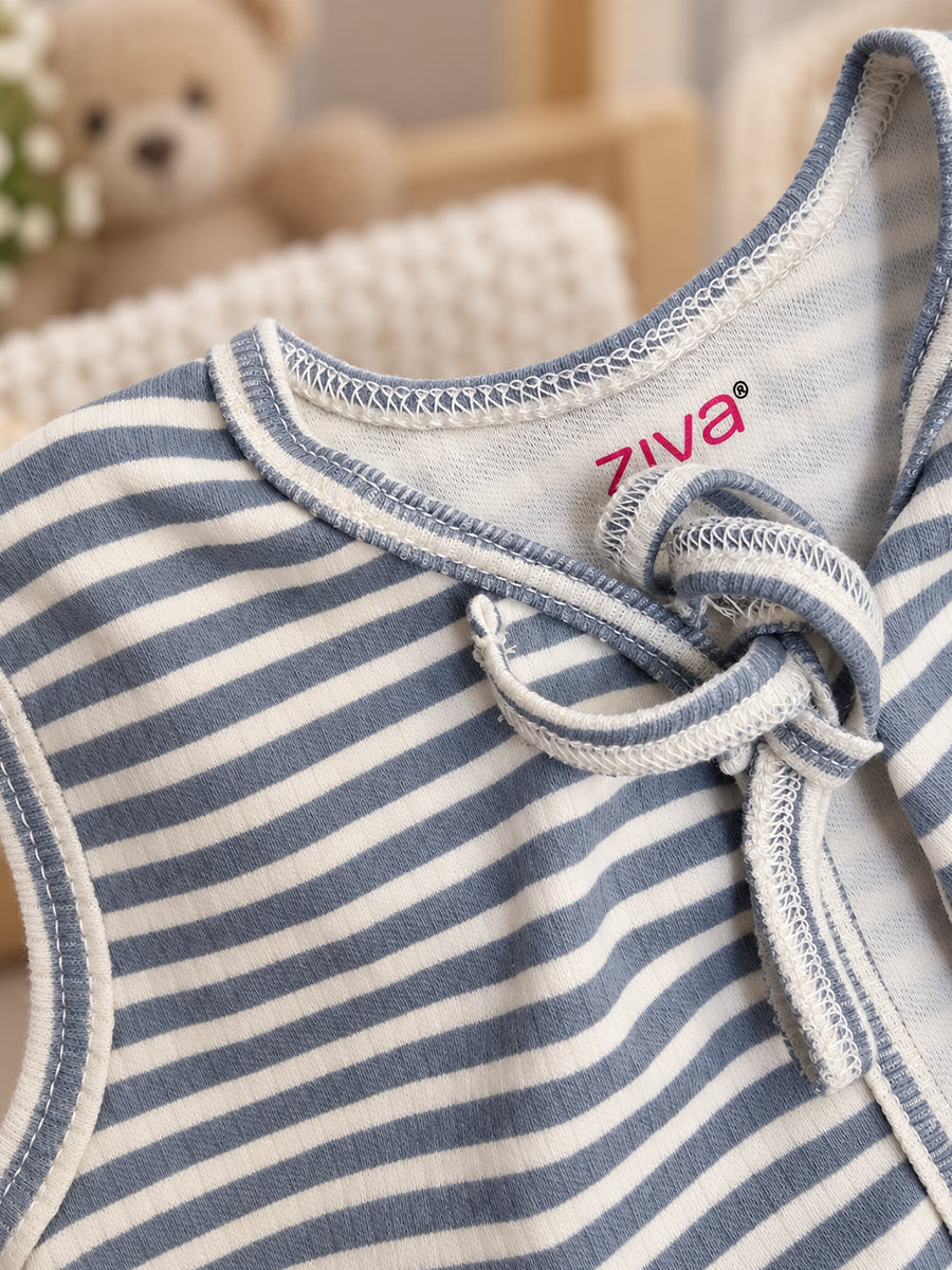 Ziva Newborn Cotton Front Open Tie Jabla with Tie Nappy – Grey Blue Stripe | 1 Jabla + 1 Nappy