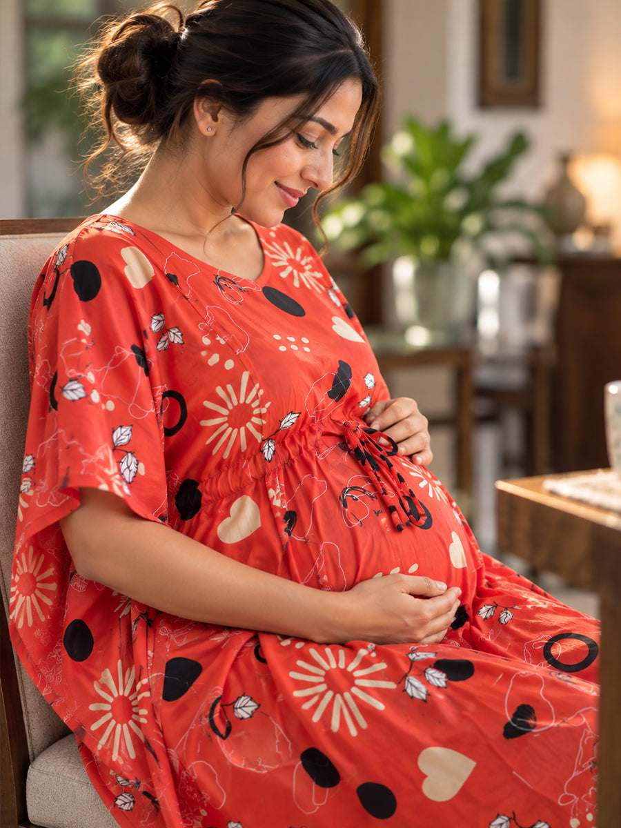 Ziva Maternity & Feeding Rayon Kaftan – Concealed Feeding Zips & Waist Adjustable Tie | Coral Red Abstract Botanical Print