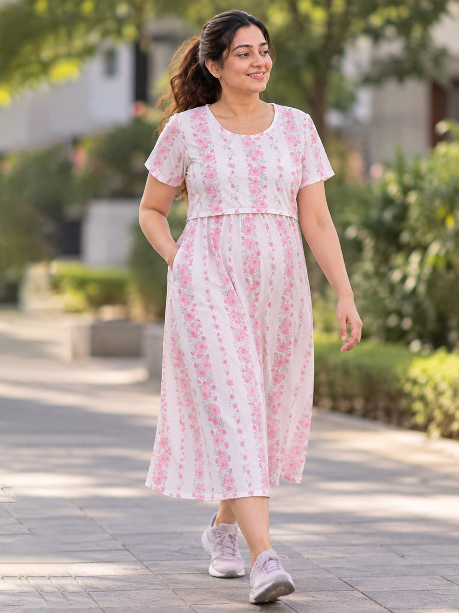 Ziva Zipless Maternity & Feeding Knitted Dress with Adjustable Waist Tie & Side Pocket | Soft Off-White Dusty Rose Floral Print
