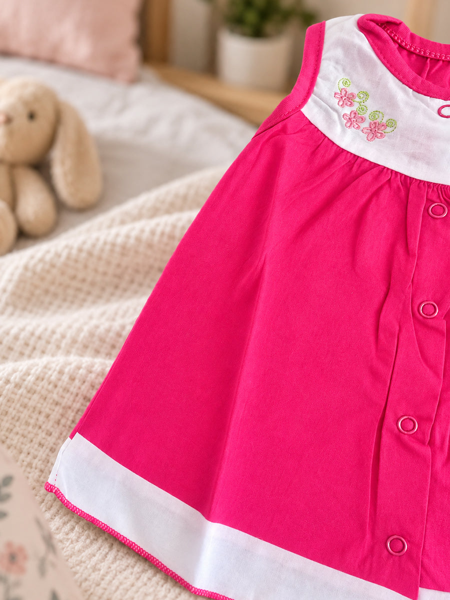Baby Cotton Front Open Frock – Rani Pink & White | Floral Embroidered Yoke | Ziva Collected | Carefully Selected for Your Little One
