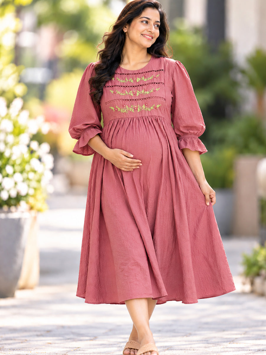 Ziva Premium Crinkle Viscose Maternity & Feeding Occasion Dress with Hand-Embroidered Yoke & Adjustable Puff Sleeves | Dusty Rose