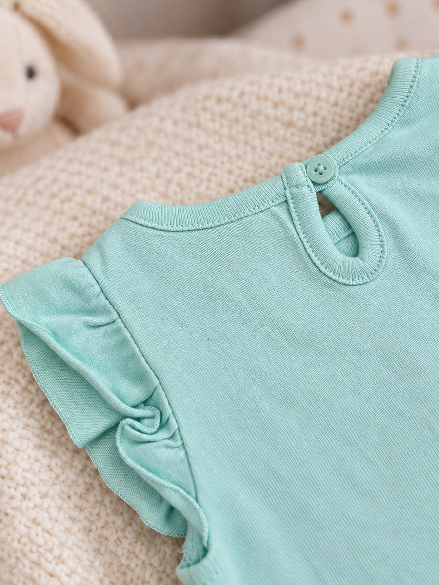 Baby Girls Knitted Cotton Fruit Embroidery Romper – Mint Green | Flutter Sleeves | Bottom Press-Button Opening |Ziva Collected | Carefully Selected for Your Little One