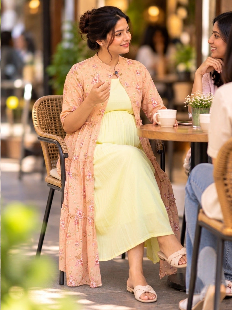 Ziva Maternity & Feeding Sleeveless Dress with Versatile Floral Tiered Jacket – 3 Ways to Wear | Soft Lemon Yellow & Vibrant Peach Floral