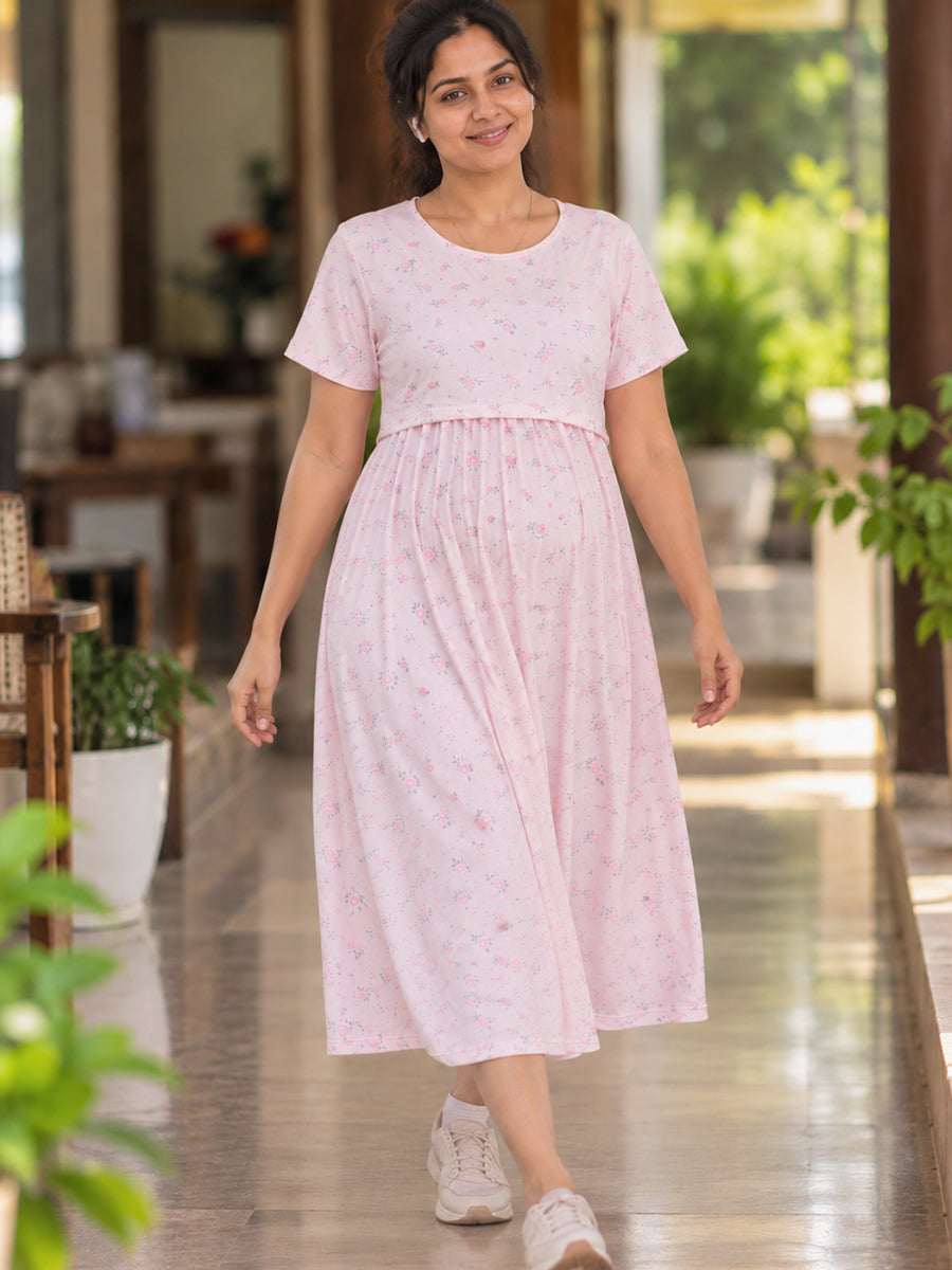 Ziva Zipless Maternity & Feeding Knitted Dress with Adjustable Back Tie & Side Pocket | Creamy Blush Pink Mini Rose Floral