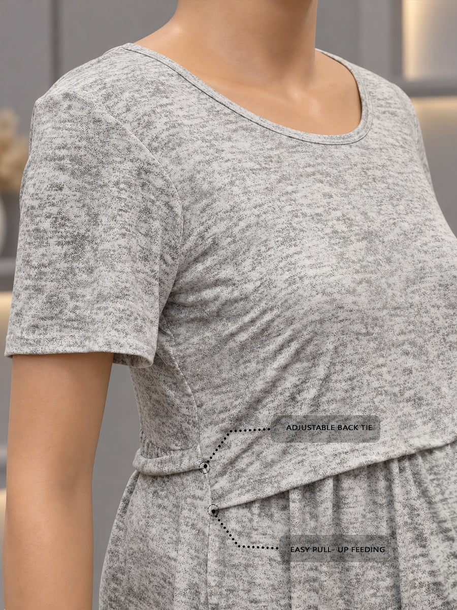 Ziva Zipless Maternity & Feeding Knitted Dress with Adjustable Waist Tie & Side Pocket | Light Grey Mélange