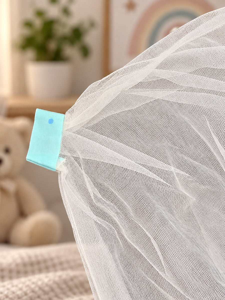 Ziva Baby Cradle – Fruity Friends Cream | Premium Cotton Cloth Cradle with Aqua Blue Mosquito Net, Hanger & S-Hook