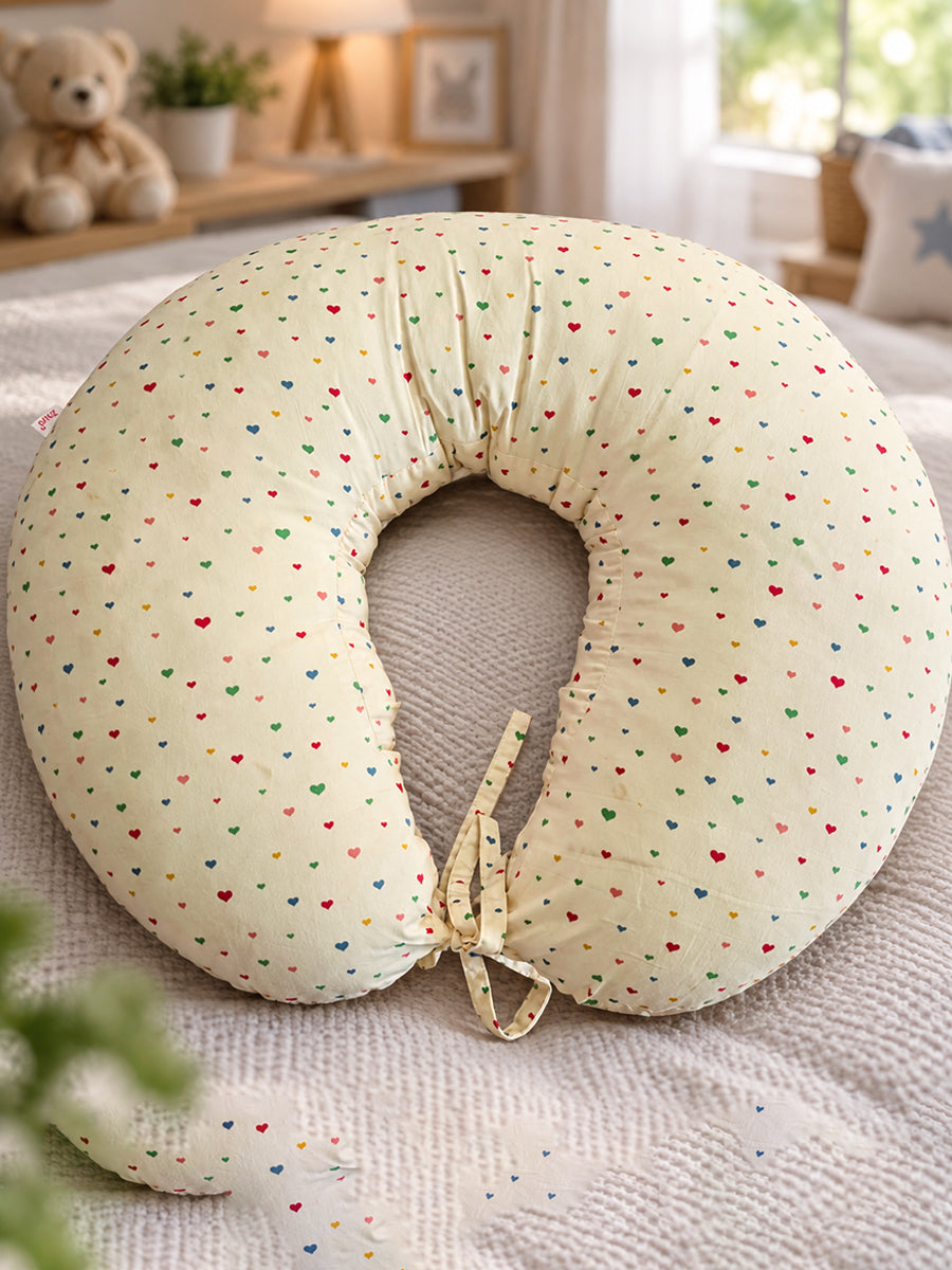 Ziva Multipurpose Feeding Pillow – Premium Organic Cotton | Soft Cream with Multicolour Tiny Heart Print | Removable & Washable Cover