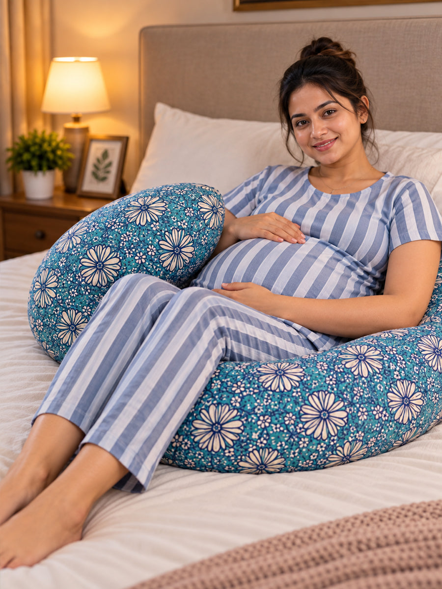 Ziva Multipurpose Pregnancy Pillow / Maternity Pillow / Body Pillow – 9 Shape (C Shape) – Blue Floral Print | 100% Cotton